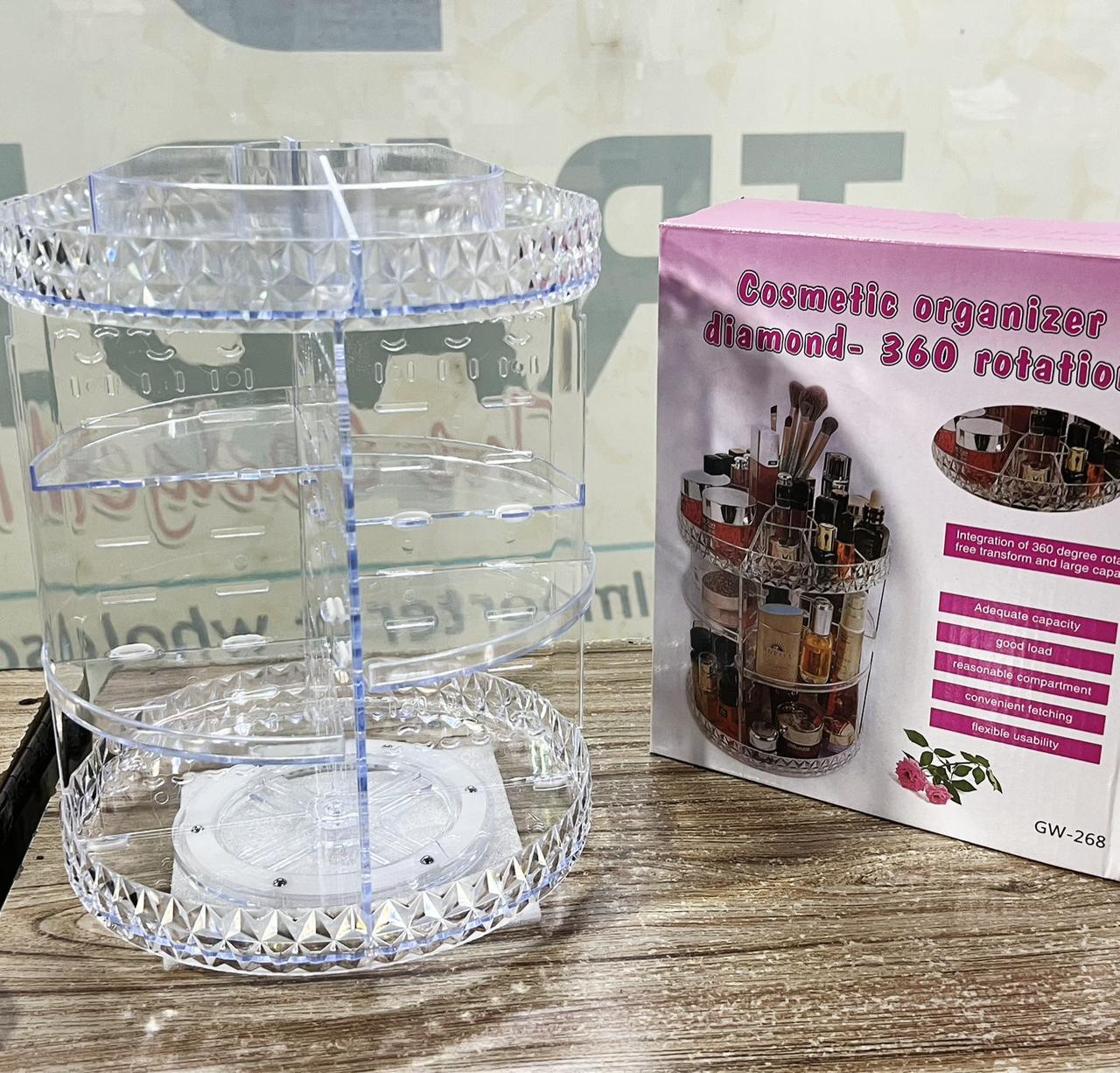 360° Rotating Crystal Makeup Organizer - Diamond Style Case