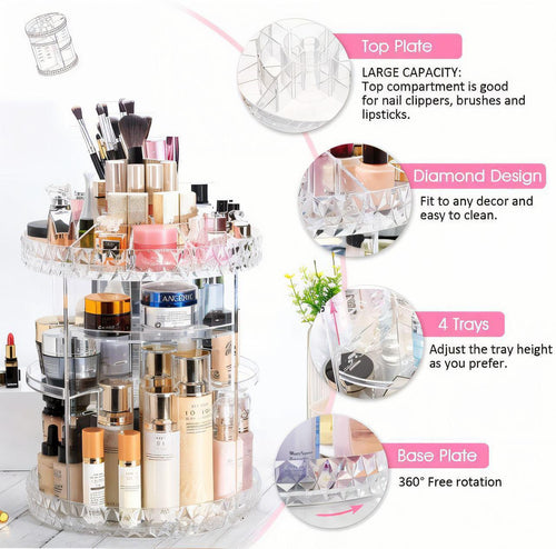 360° Rotating Crystal Makeup Organizer - Diamond Style Case