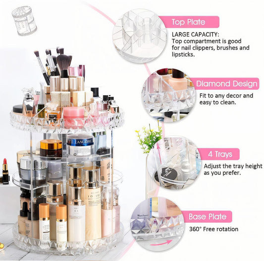 360° Rotating Crystal Makeup Organizer - Diamond Style Case