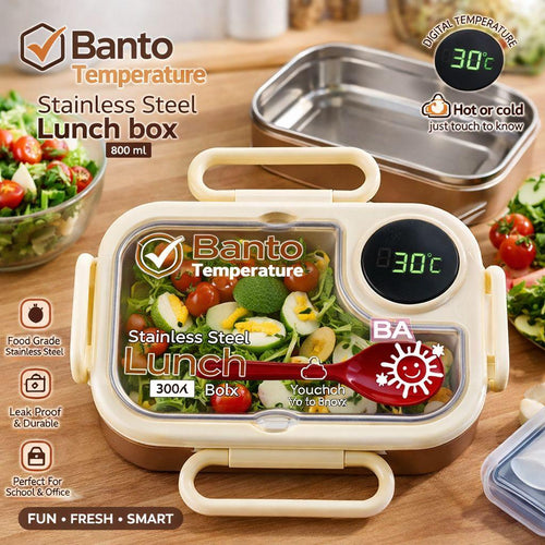 800ml Temperature Sensor Bento Lunch Box - Leak-Proof Stainless Steel Food Container with Digital Display (Homnix PK)