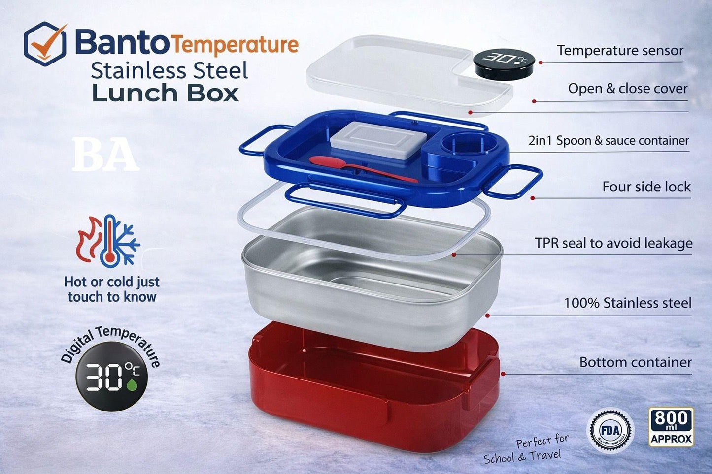 800ml Temperature Sensor Bento Lunch Box - Leak-Proof Stainless Steel Food Container with Digital Display (Homnix PK)