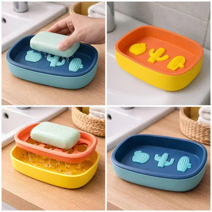 Imported Cactus Design Double-Layer Soap Dish - Self-Draining Soap Tray for Kitchen & Bathroom (Random Colors) - Homnix.pk