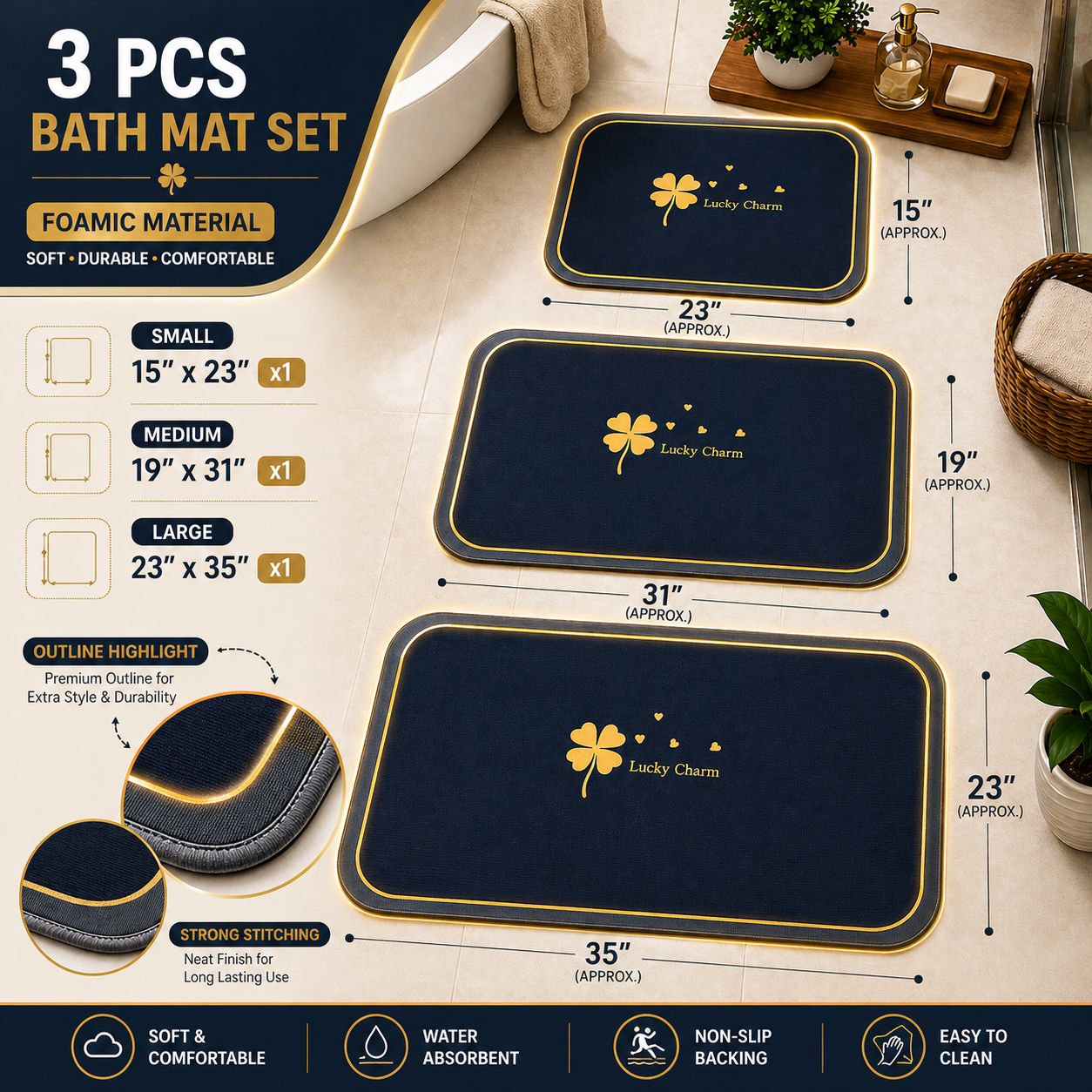 Set of 3 Lucky Charm Foamic Anti-slip Mats | Homnix PK