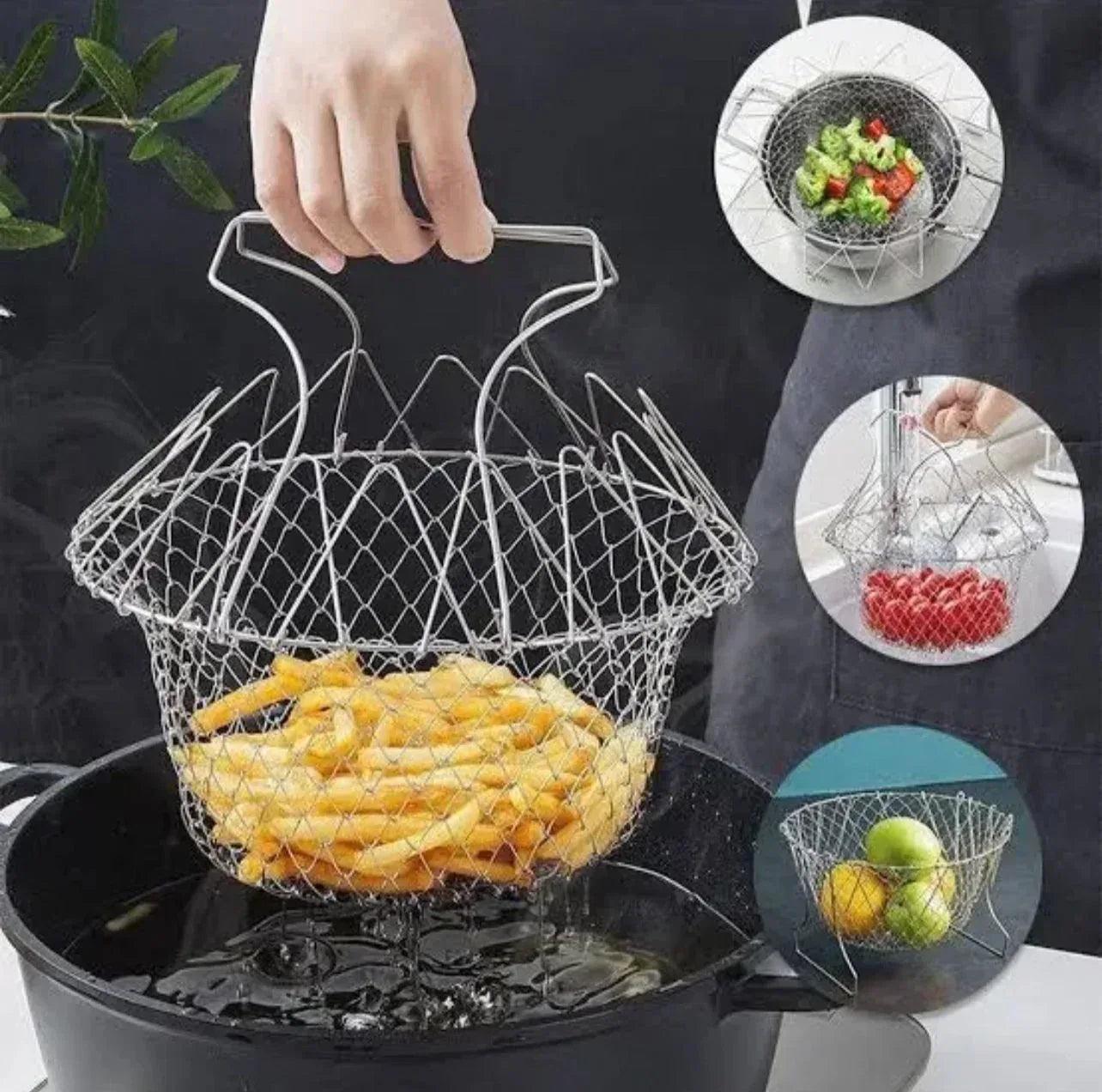 12-in-1 Foldable Stainless Steel Chef Basket - Multipurpose Magic Kitchen Tool for Frying, Boiling & Straining - Homnix.pk