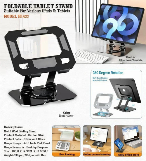 Foldable metal tablet stand for iPads and tablets, adjustable desktop holder in black and silver.