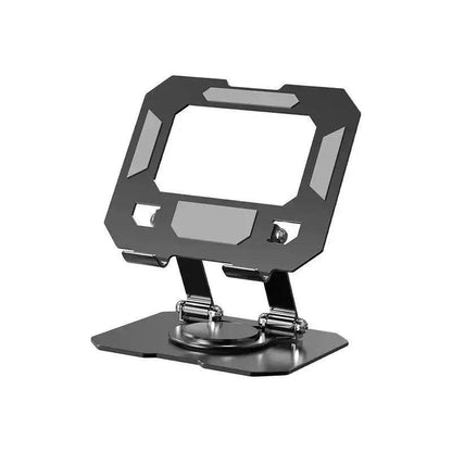 Adjustable metal tablet stand with angular design, suitable for desks and workstations