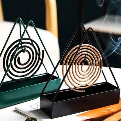 Triangle metal coil holder with burning mosquito repellent coil, tabletop display