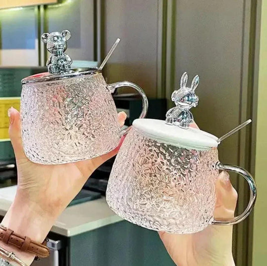 Cute Textured Bunny Glass Coffee Mug with Ceramic Spoon & Lid - Premium Gift Box Packing - Homnix.pk