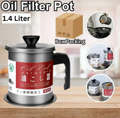 1.4L Stainless Steel Oil Filter Pot - Grease Storage Container with Fine Mesh Strainer & Dust-Proof Lid (Premium Quality) - Homnix.pk