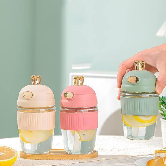 Cute Bunny Glass Water Bottle with Silicone Gripper & Straw - 400ml Portable Sipper for Kids & Girls (Box Packing) - Homnix.pk